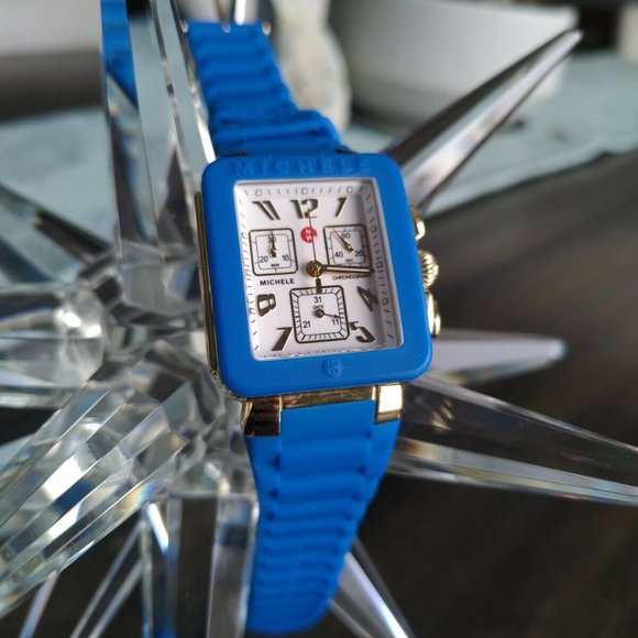 🤩SOLD🤩 Michele Watch Chronograph Park Gold & Blue Silicone 35mm Swiss Made - Picture 7 of 8